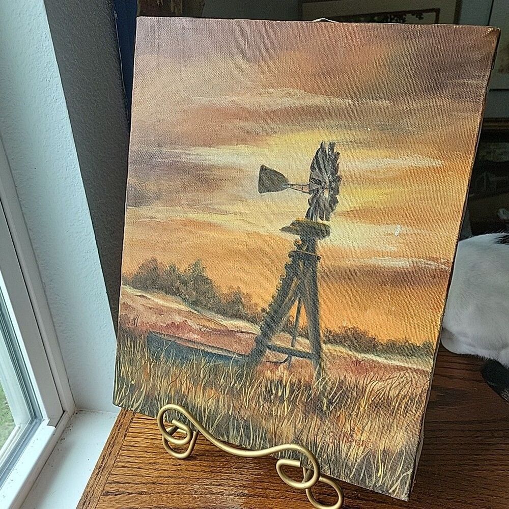 Painting on Canvas Landscape Autumn Windmill Field Realism Nature Art Unframed
